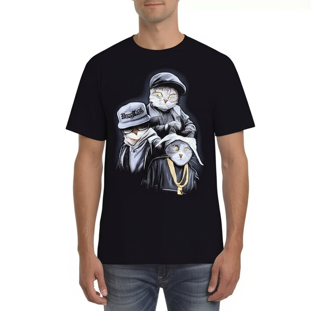 Small T-Shirt Black Graphic Tee Hip Hop Cat Parody Humorous Streetwear Novelty